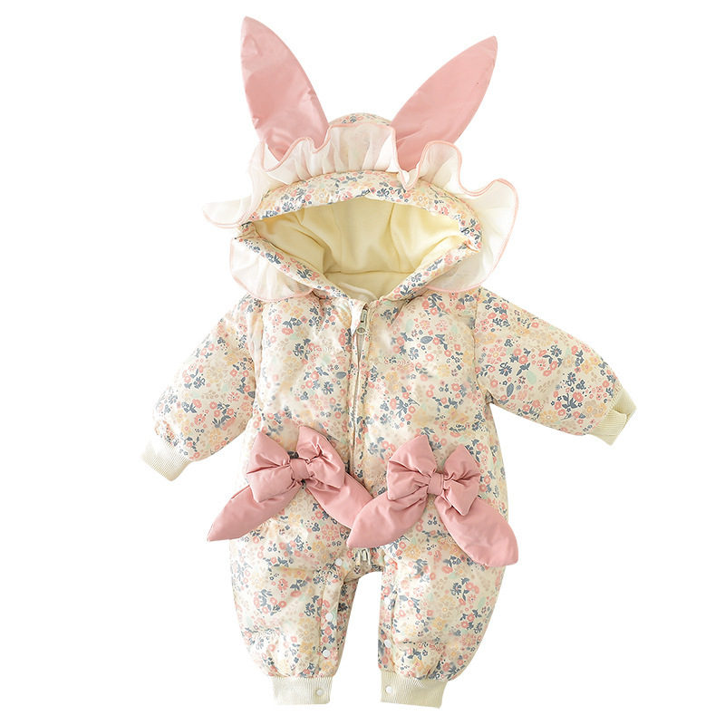 婴儿连体衣冬季加绒加厚碎花女宝宝哈衣带帽爬服冬款棉衣棉服外穿