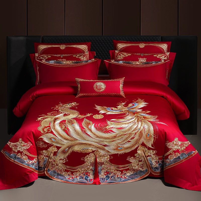 140s支全棉婚庆四件套大红色龙凤婚房床上用品喜被子结婚六十件套