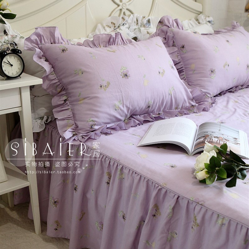 欧式田园高贵紫花纯棉裙式单双人全棉单件床裙床罩床单(1件床裙)