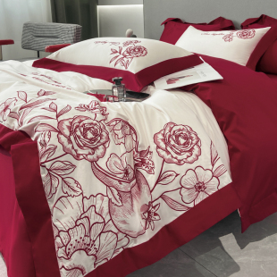 婚庆床上用品四件套n结婚100被罩大红色双面被套裸睡全棉床单