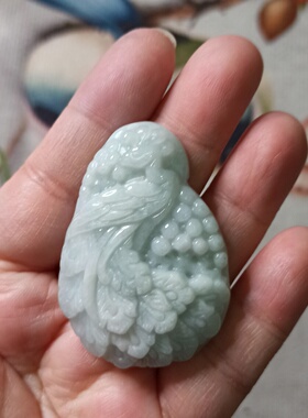 258缅甸天然翡翠吊坠仿古牌雕刻凤凰牌卡47X34mm左右淡绿满48包邮