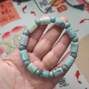 437甸天然翡翠绿底飘花桶珠路路通手串卡12X9mm左右满48元包邮