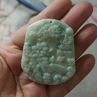 380缅甸天然翡翠吊坠山水淡绿飘花卡51X43mm左右特色满48元 包邮