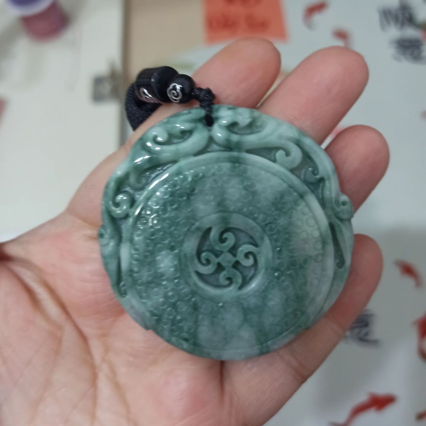 213天然翡翠吊坠雕刻仿古福牌挂牌福寿纹如意双龙牌卡52X53mm左右