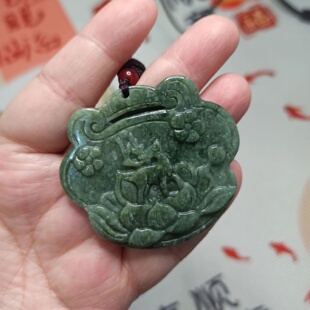437缅甸天然翡翠吊坠山水鹿牌梅花鹿锁牌卡50x46mm左右满48元包邮