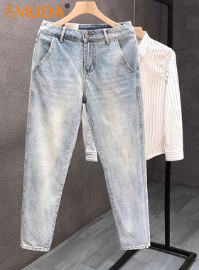 潮牌浅蓝色牛仔裤男士2025新款夏季薄款男裤小脚痞帅休闲裤子男款