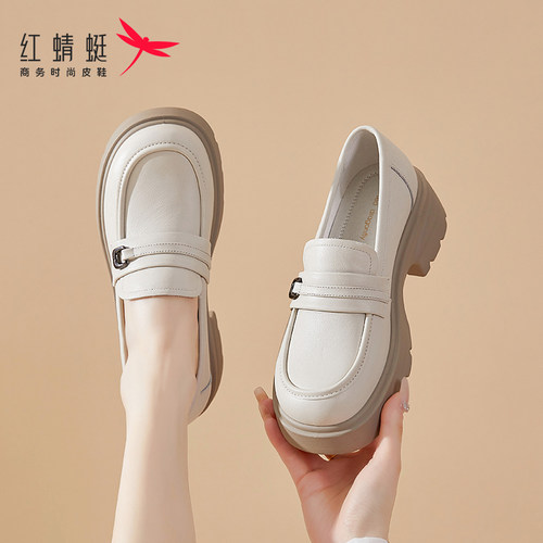 红蜻蜓女鞋一脚蹬休闲皮鞋冬季真皮鞋子厚底乐福鞋2025新款单鞋女