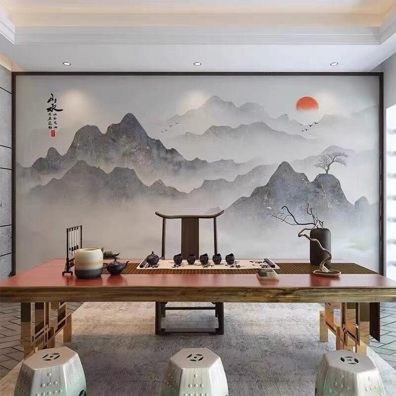 新中式水墨山水客厅电视沙发背景墙壁纸现代简约茶室卧室装饰壁画