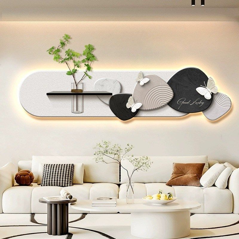 奶油风客厅装饰画水培绿植led灯光壁画高级感横版沙发背景墙挂画,家居饰品,氛围画/灯画,淘宝优惠券,粉丝福利购,淘宝优惠卷