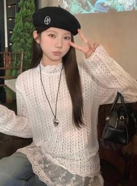 正货白色设计感长袖半高领蕾丝花边打底衫女秋季宽松休闲微透内搭