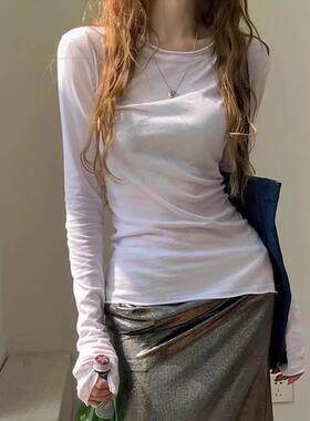 正货白色打底衫女薄款微透长袖T恤防晒罩衫秋季2025修身显瘦简约