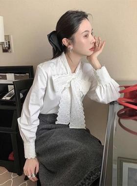 正货秋秋法式白色蕾丝蝴蝶结衬衫女装设计感小众气质衬衣独特别致