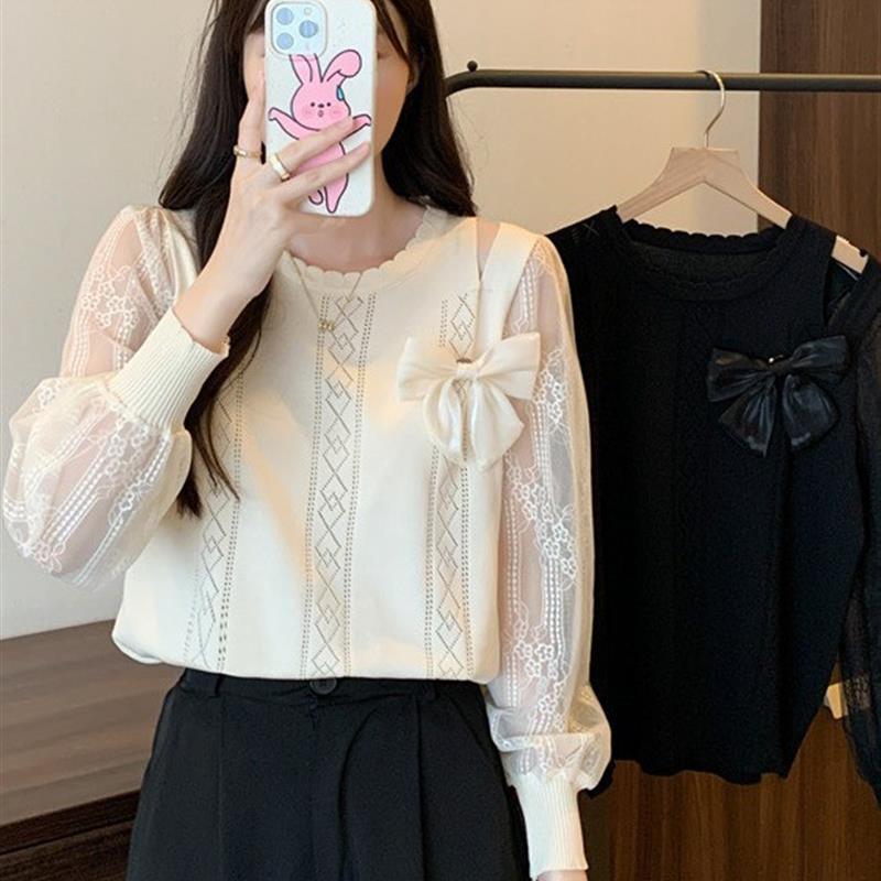 正货拼接雪纺长袖花边圆领