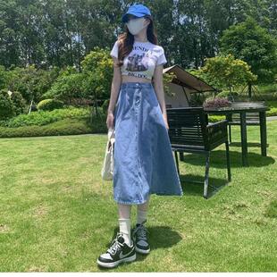 高货速发胖mm大码 过膝高腰显瘦加肥 牛仔长裙女半身a字伞裙中长款