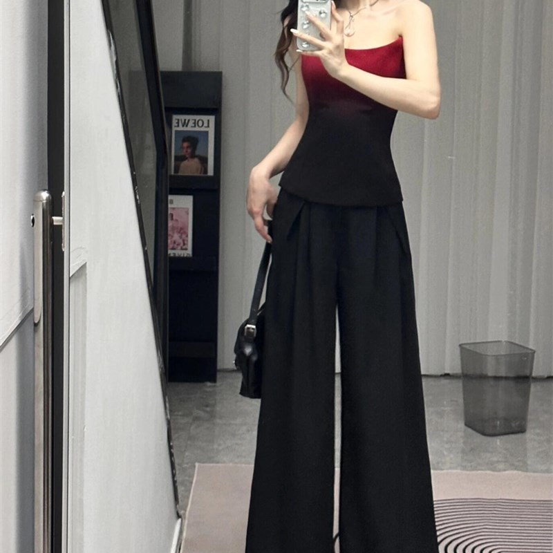 175高个子加长黑色压皱阔腿裤女夏季高腰垂感休闲直筒宽松西装裤
