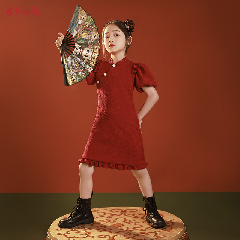 女童晚礼服中式旗袍红色连衣裙花童婚礼小女孩儿童高级感演出国风