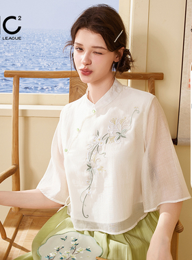 mc2雪纺绣花上衣配绿色半裙两件套女夏季新款温柔国风新中式