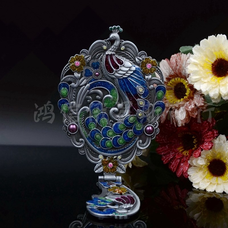 出口俄罗斯化妆镜全折柄折叠镜便携手柄镜台式镜复古孔雀拖尾镜子