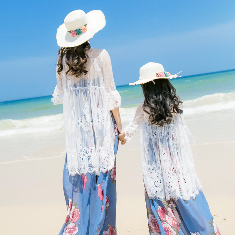 悦海悦川贝母女装有袖外套长版披肩 2023夏季新款白色薄款镂空开