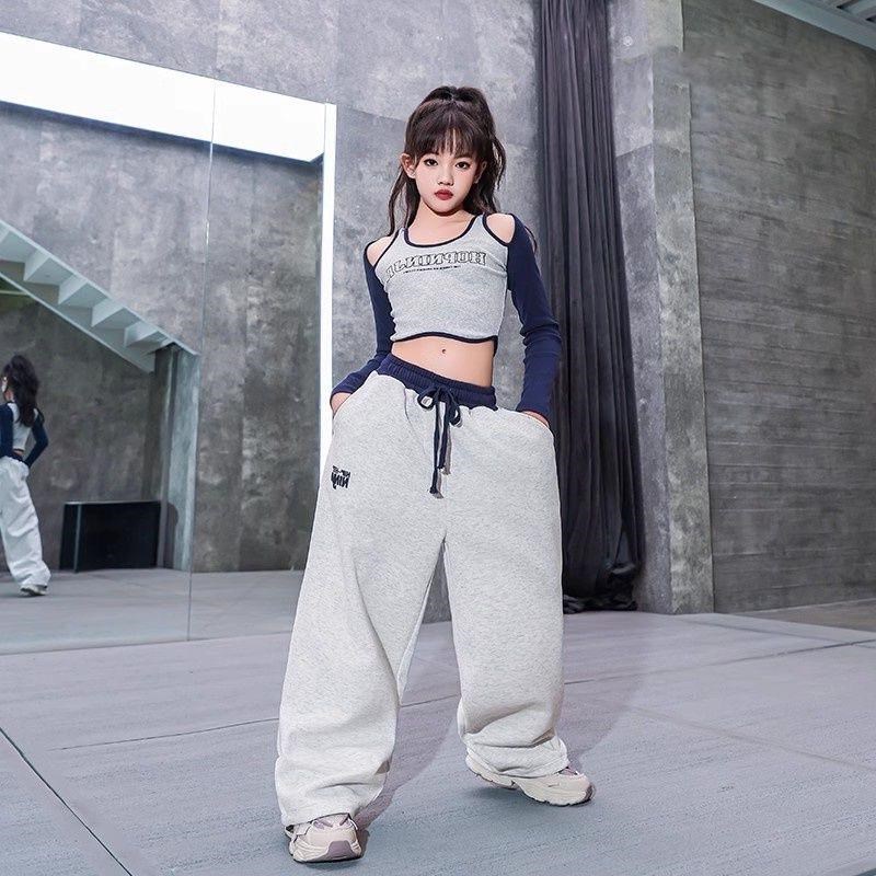 儿童街舞套装女童jazz紧身露肩海浪长袖上衣爵士舞表演出服