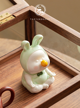 创意可爱打坐兔陶瓷摆件禅意家居饰品桌面小兔子工艺品办公室送礼