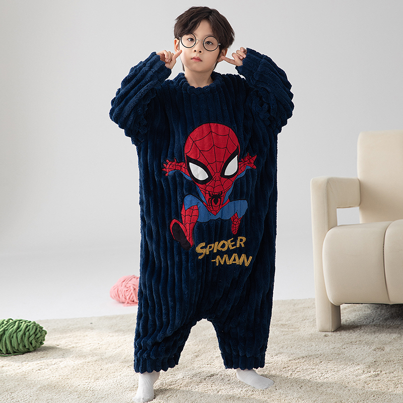 蜘蛛侠男童睡衣连体珊瑚绒2024新款大童男孩法兰绒秋冬季儿童睡袋