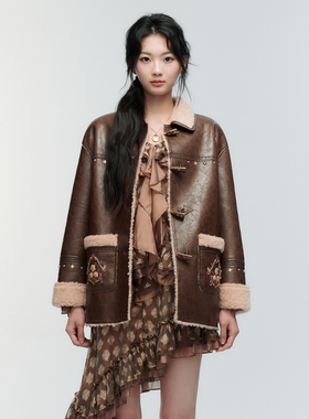 ORA GENESIS2025年冬季新品时尚牛角扣装饰pu皮外套