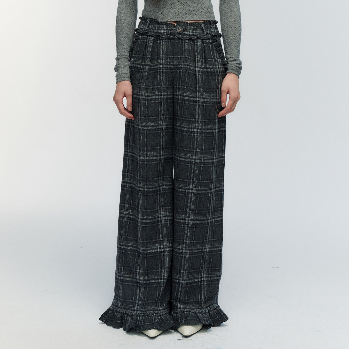 ORA GENESIS2025年冬季新品时尚荷叶边格纹长裤