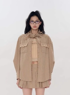 ORA GENESIS2025年秋季新品格纹刺绣珠饰格子复古衬衫