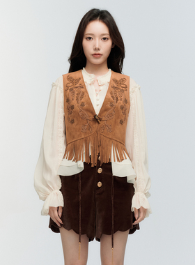 【李宣美 王子璇同款】ORA GENESIS2025年冬季仿麂皮绳绣马甲