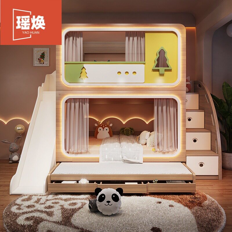 原木色儿童树屋小户型儿童床床上男女双层床姐弟高低子母上下床