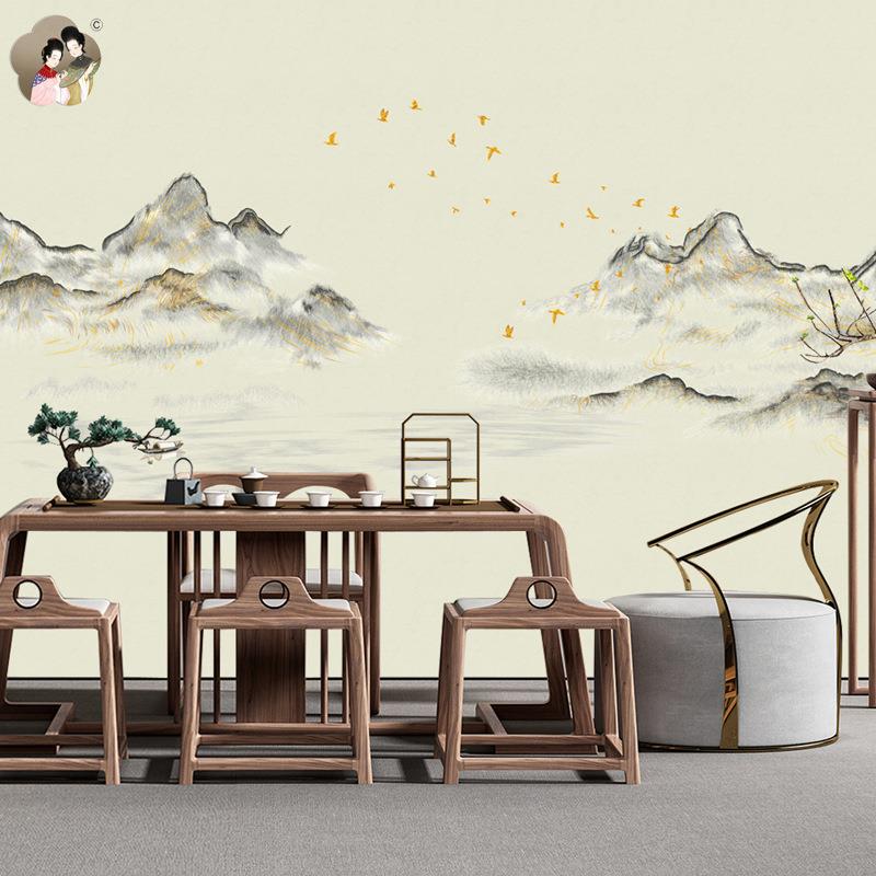 赞屋水墨山水中式刺绣独秀书房卧室床头墙布客厅餐厅沙发背景壁布