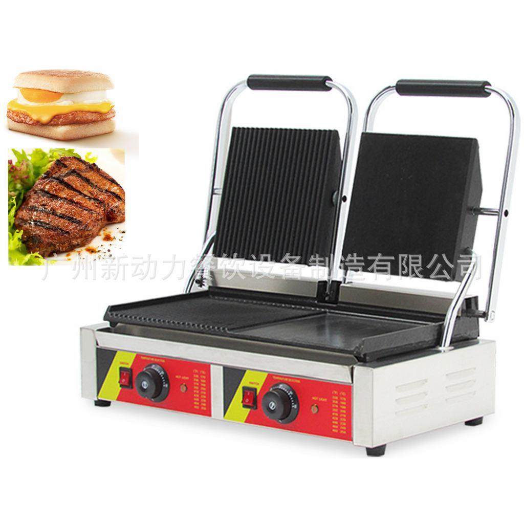 商用电热压板扒炉电热汉堡三明治电热三明治机一坑一平三明治机