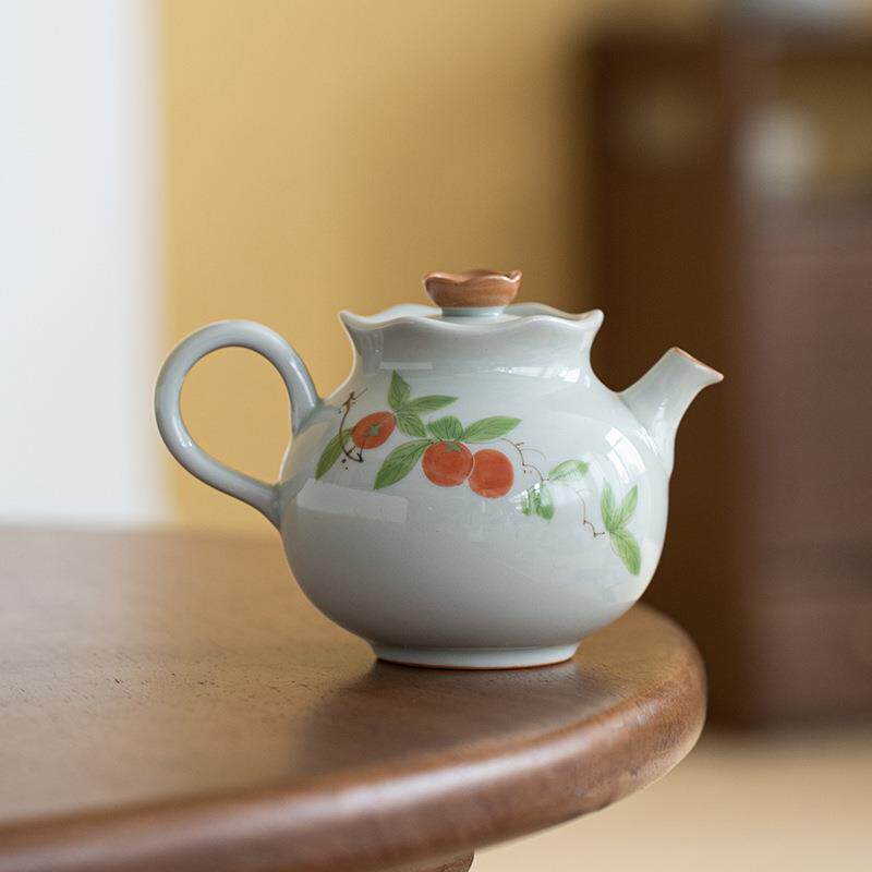 新中式釉下手绘柿子陶瓷家用陶瓷壶吉祥过滤花边泡茶壶手执小容量