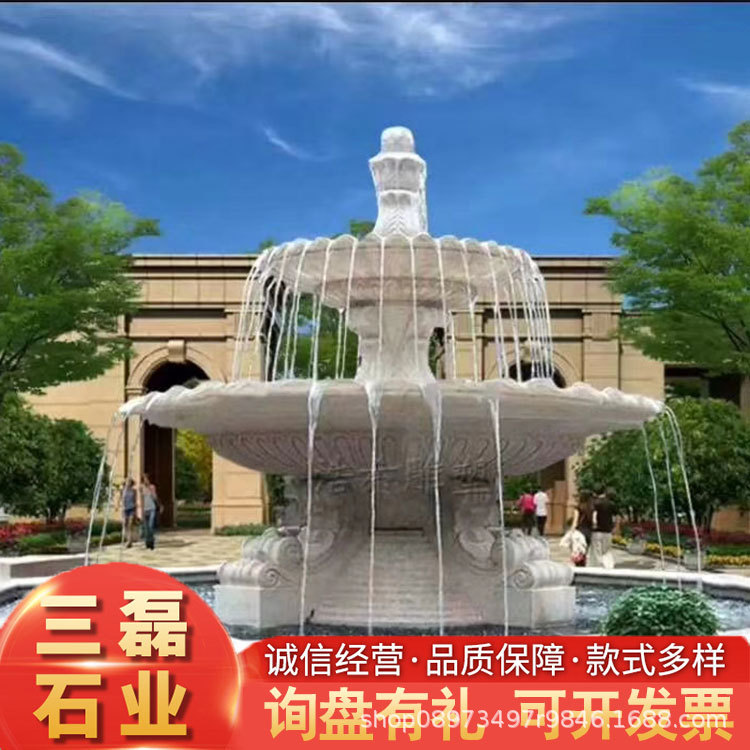 晚霞红石雕喷泉水钵户外景观