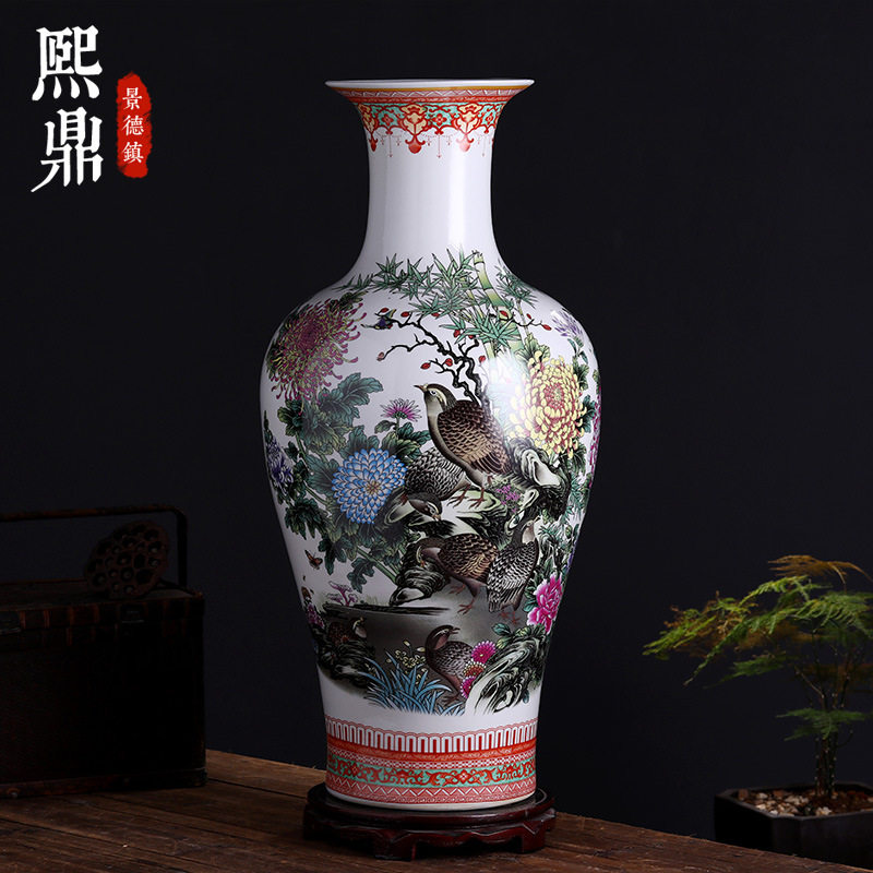 陶瓷落地大花瓶装饰品摆件釉上彩花鸟安居乐业大号鱼尾瓶客厅摆设