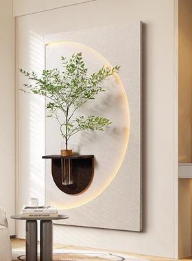 奶油风客厅装饰画创意水培绿植灯光画高档玄关挂画入户正对门壁画