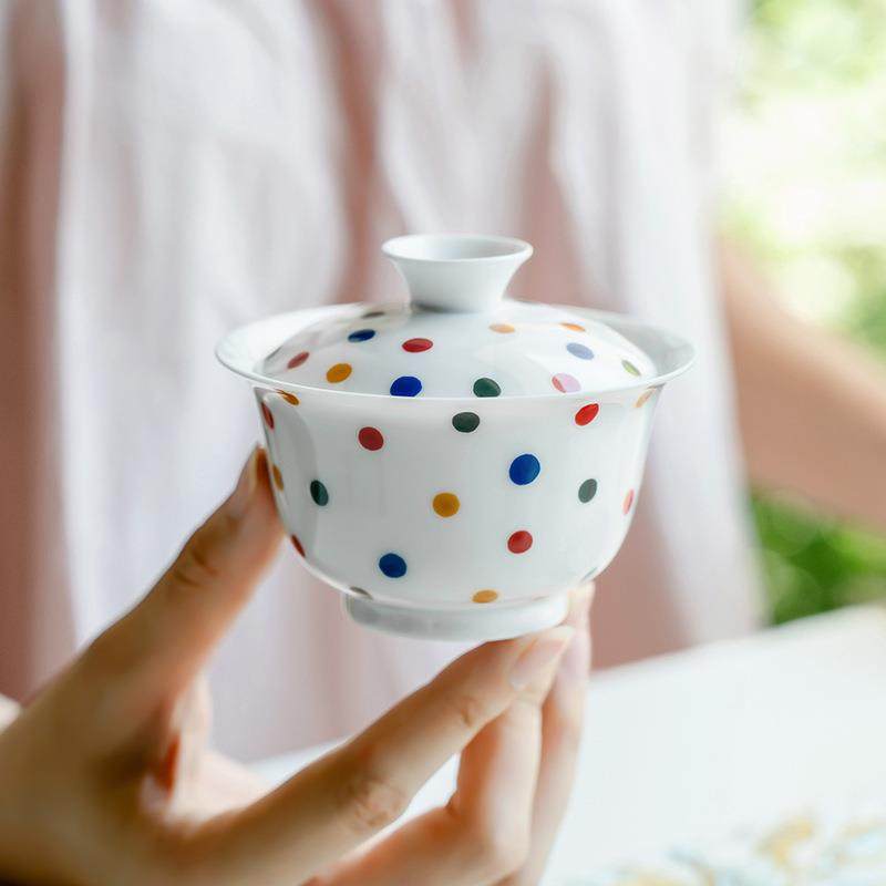 纯手绘波点暮清盖碗茶杯家用创意陶瓷二才茶碗单个功夫泡茶器