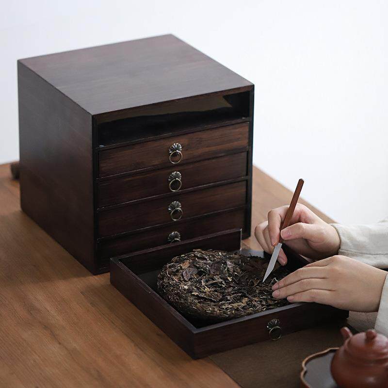 普洱茶收纳盒分茶盘家用白茶茶饼茶盒子多层实木竹制抽屉普洱架子