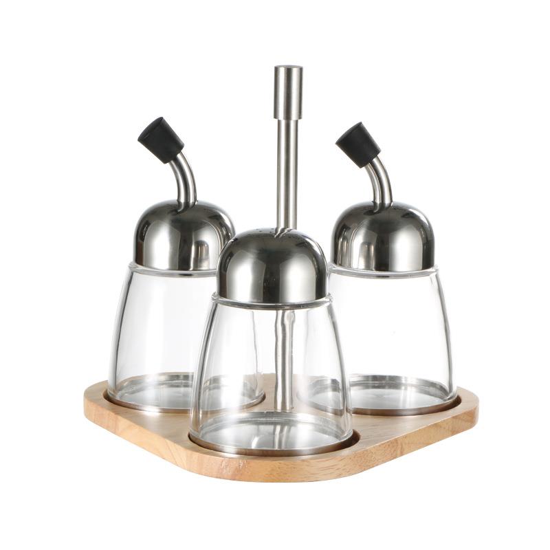 304不锈钢亚克力透明调料瓶榉木座三件套油瓶粉桶调料罐