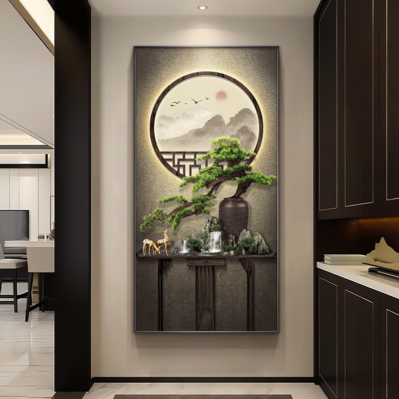 0J0迎客松新中式入户玄关装饰正对门山水壁寓意好的走廊过道