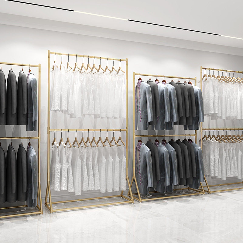 服装店金色展示双层落地架男女童装衣架可升降调节摄影楼挂衣专用