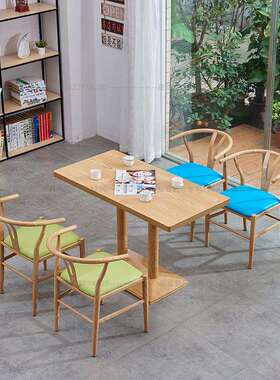 原木色铁艺转印木纹Y椅奶茶店清吧卡座沙发甜品水吧简约桌椅组合