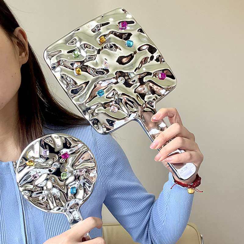 高清水钻手持化妆镜复古感大号随身便携镜子宿舍高颜值梳妆镜