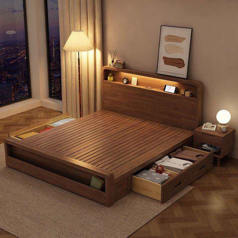 实木床现代简约北欧胡桃色1.8m1.5m单双人床主卧婚床经济型储物床