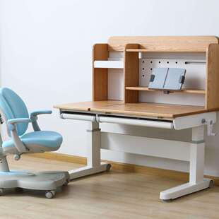 北美红橡木全实木儿童书桌学习桌写字课桌家用可升降桌椅套装手摇