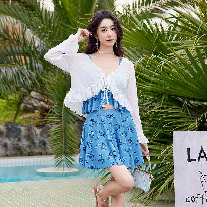 2025年新款微胖女孩大码胖mm三件套泳衣裙式显瘦遮肚温泉度假泳装