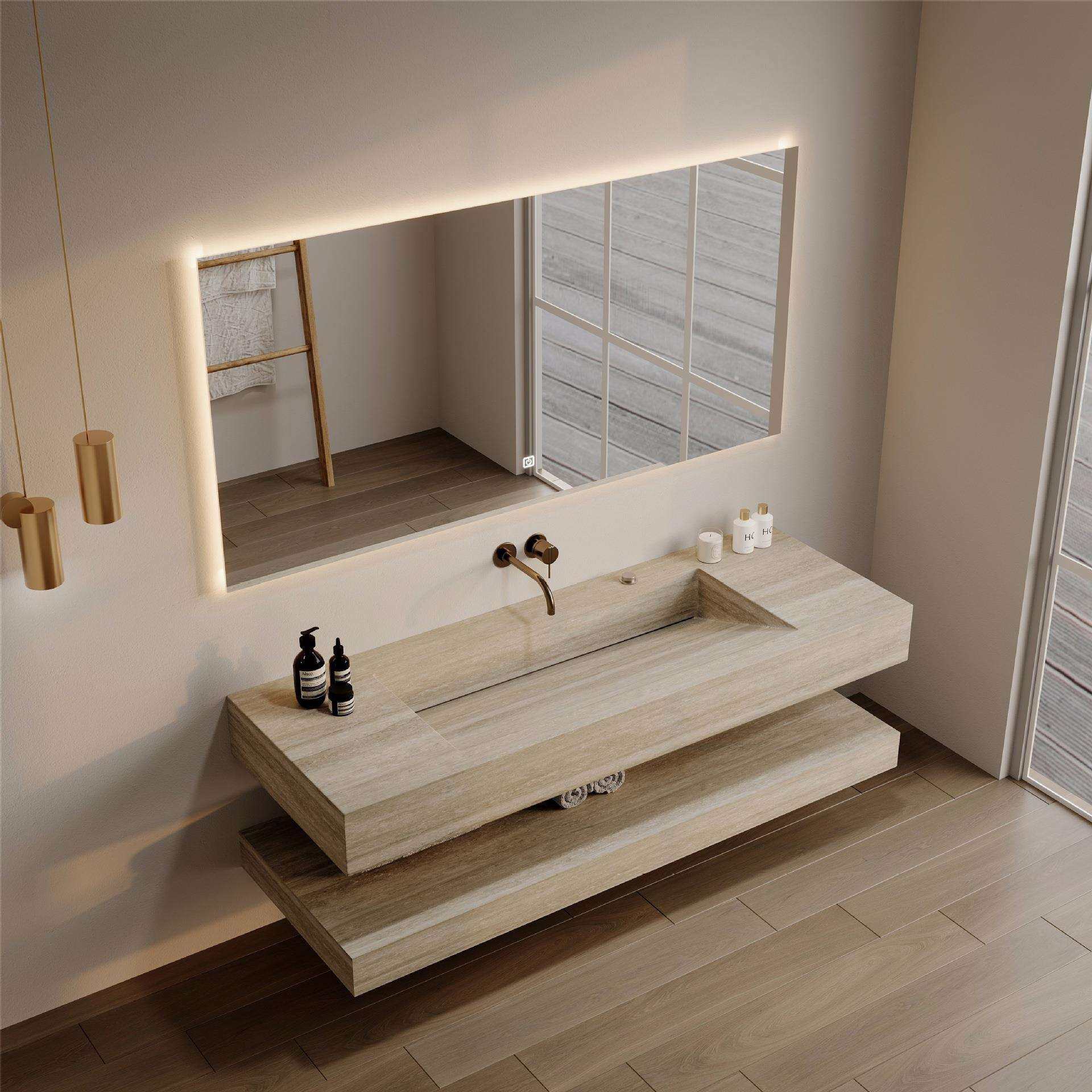 岩板一体无缝盆浴室柜组合卫生间洞石洗手池洗漱台单双盆智能镜柜