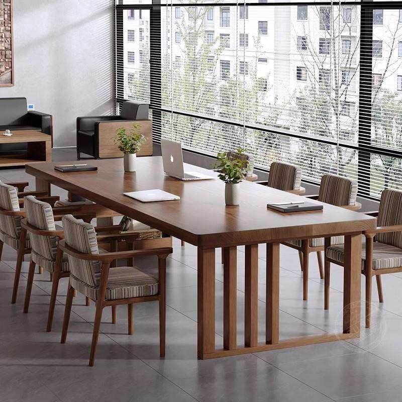 实木会议桌长桌简约现代带置物架一体书桌创意办公电脑桌子工作台