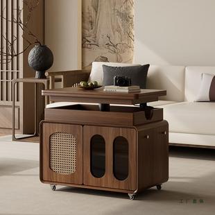 实木茶几可移动升降折叠茶几客厅家用角几推车沙发边几香樟木